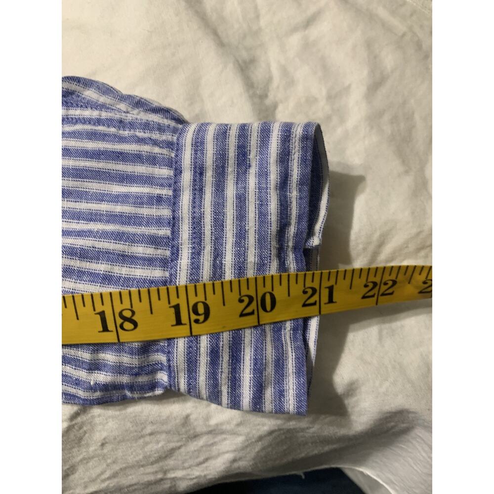 Talbots Linen Top Large Petite Blue Striped Nautical Roll Tab Sleeve Resort - Picture 7 of 10
